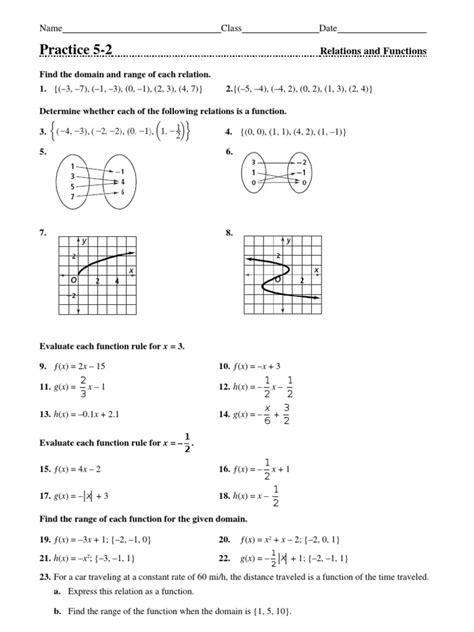 functions and relations worksheet answer key